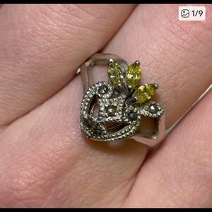 Marcasite heart ring with citrine flames Size 7 1/2